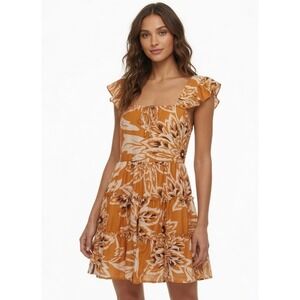 Band of the Free Yellow-Orange Floral Ruffle Tiered Mini Dress Open Back Small